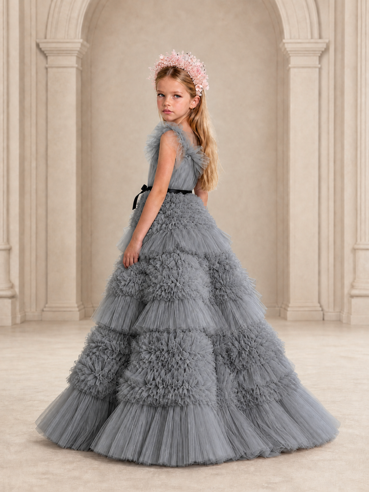 BOLODOO Grey Tiered Tulle Flower Girl Dress with Floral Appliques - Grey - Grey_2