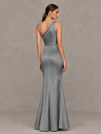 BOLODOO Grey One-Shoulder Ruched Satin-Look Evening Gown with High Slit - Grey - Grey_2