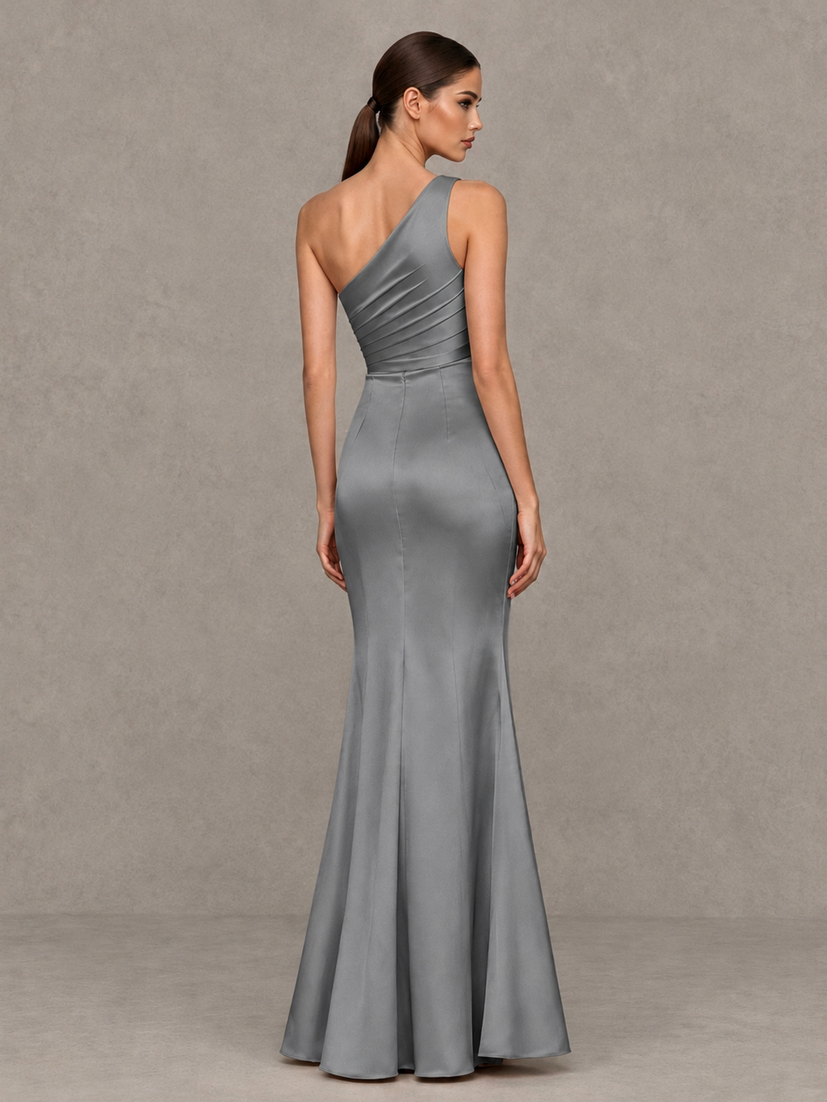 BOLODOO Grey One-Shoulder Ruched Satin-Look Evening Gown with High Slit - Grey - Grey_2