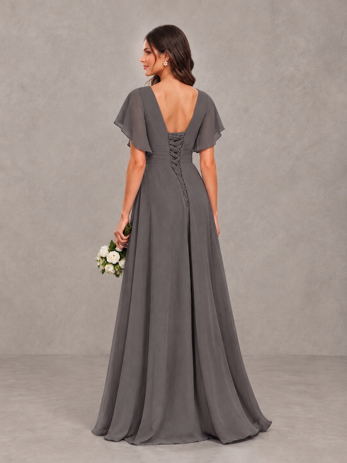 BOLODOO Grey Flutter Sleeve V-Neck Bridesmaid Dress with Ruffle Slit - Grey - Grey_2