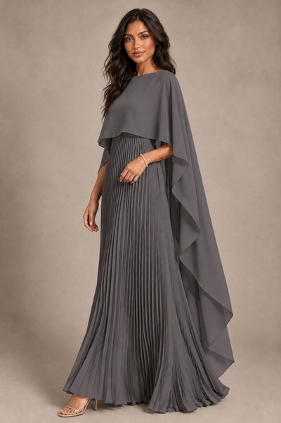 BOLODOO Grey Pleated Cape A-Line Evening Dress - Grey - Grey_2