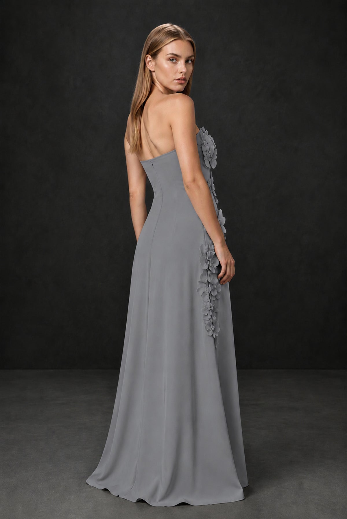BOLODOO Grey Strapless 3D Floral Appliqué Crepe Maxi Gown - Grey