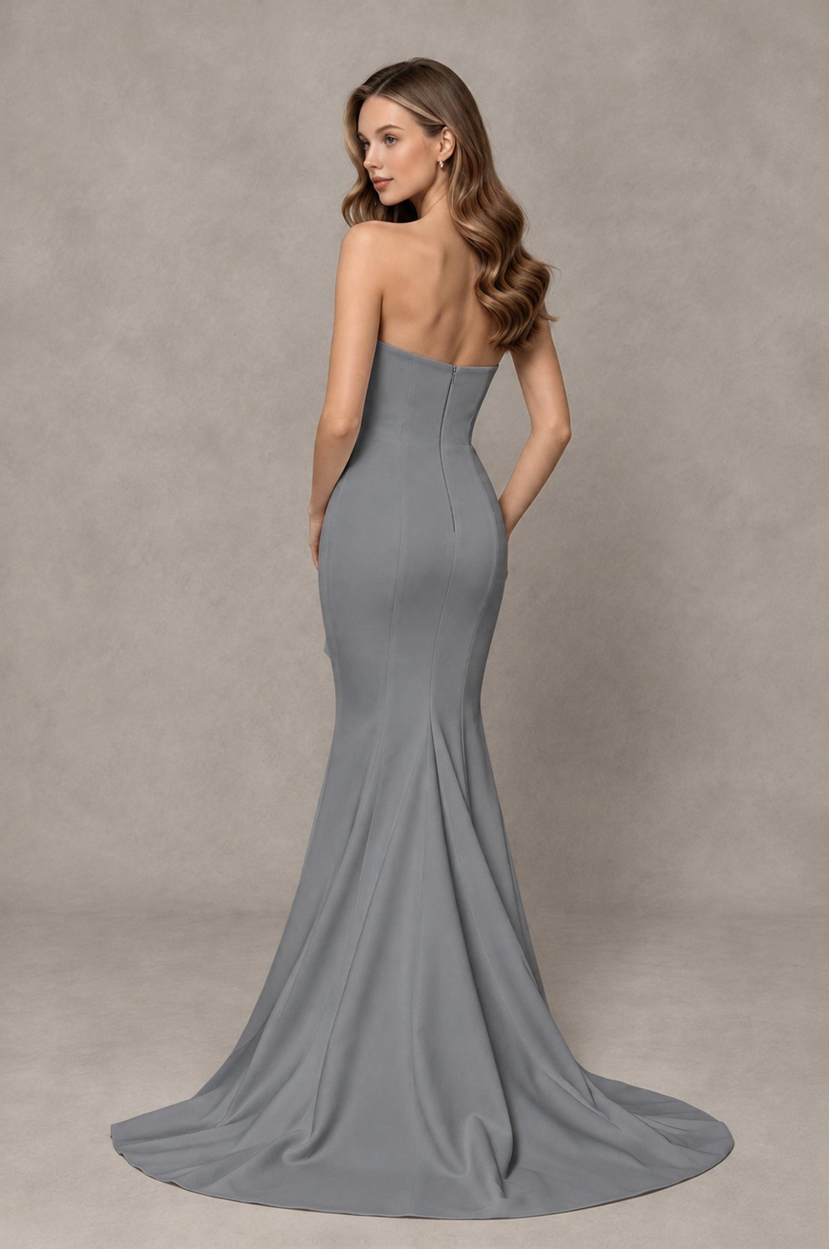 BOLODOO Grey Strapless Mermaid Evening Dress with Ruffle Slit and Train - Grey - Grey_2