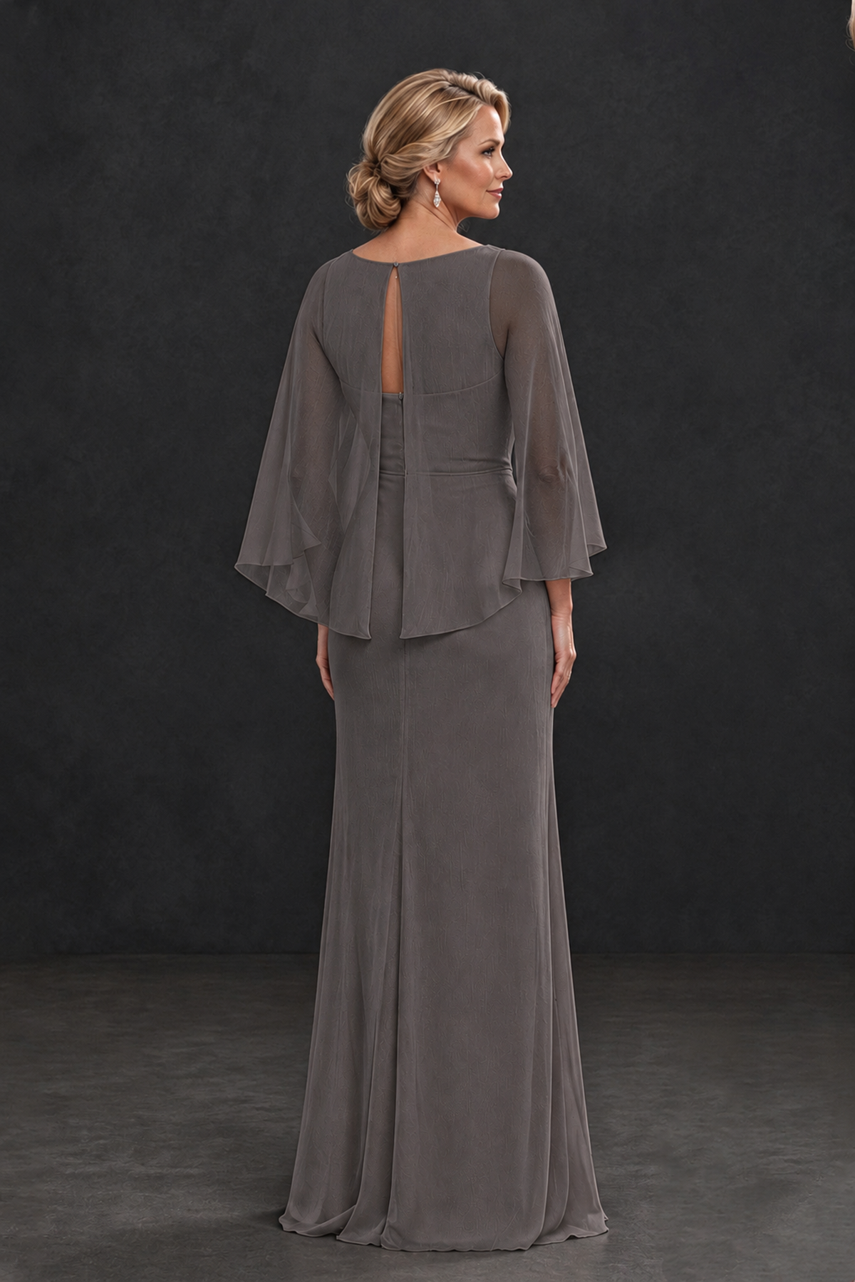 BOLODOO Grey Cape Sleeve Mother of the Bride Dress with Ruched Waist - Grey - Grey_2