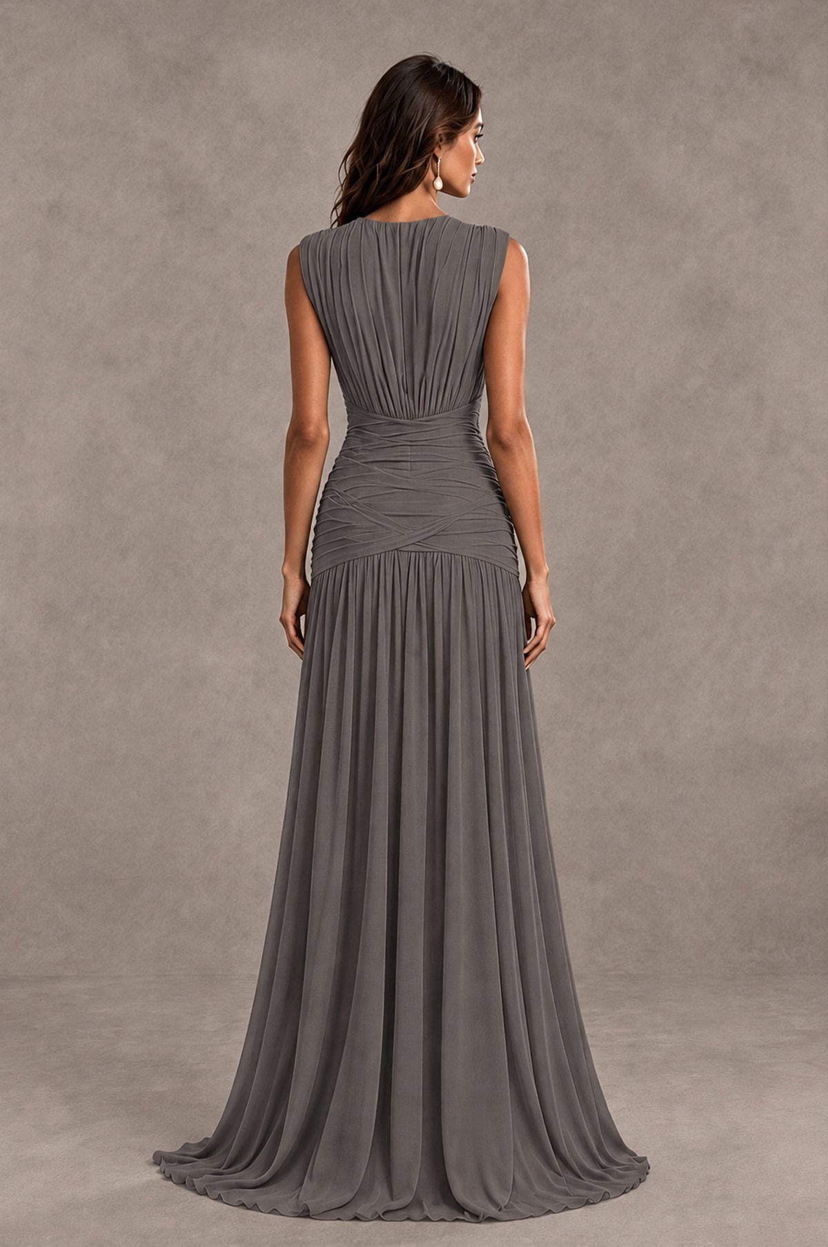 BOLODOO Grey V-Neck Ruched Wedding Guest Dress - Grey - Grey_2