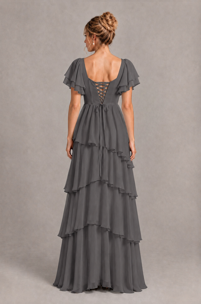 BOLODOO Grey Square Neck Flutter Sleeve Tiered Chiffon Bridesmaid Dress with Lace-Up Back - Grey - Grey_2
