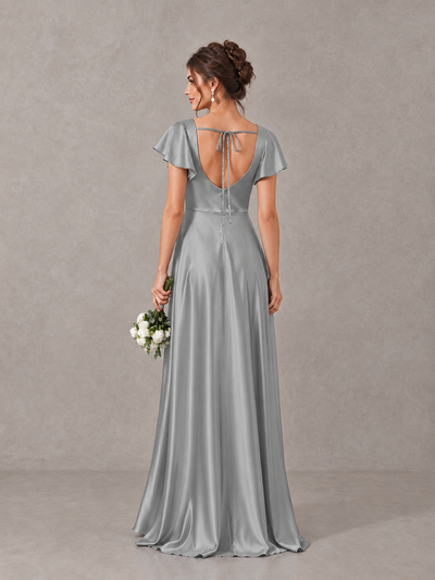 BOLODOO Grey Satin Square Neck Flutter Sleeve A-Line Bridesmaid Dress with Slit - Grey - Grey_2