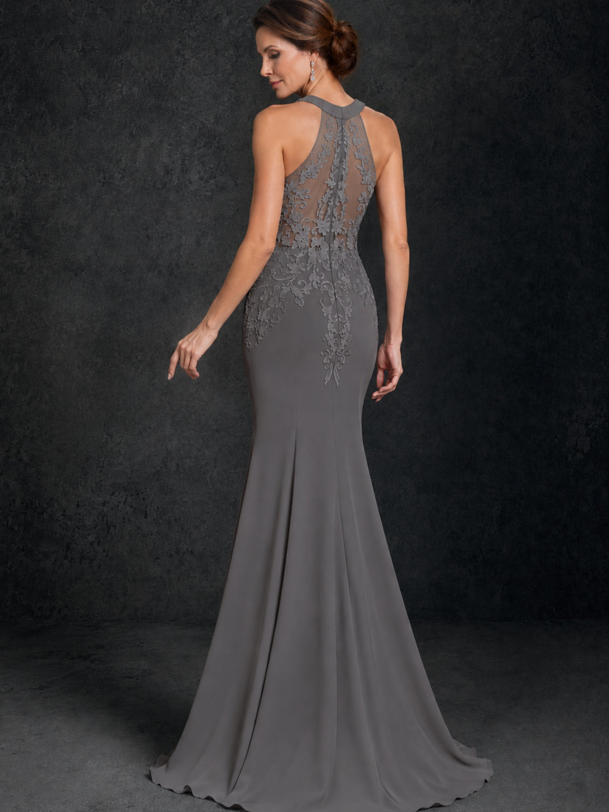 BOLODOO Grey Lace Applique Halter Neck Sheer Back Mermaid Maxi Dress with Sweep Train - Grey