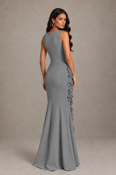 BOLODOO Grey Bateau Neck Sleeveless Asymmetric Peplum 3D Petal Appliqué Mermaid Gown BD0421 - Grey - Grey_2