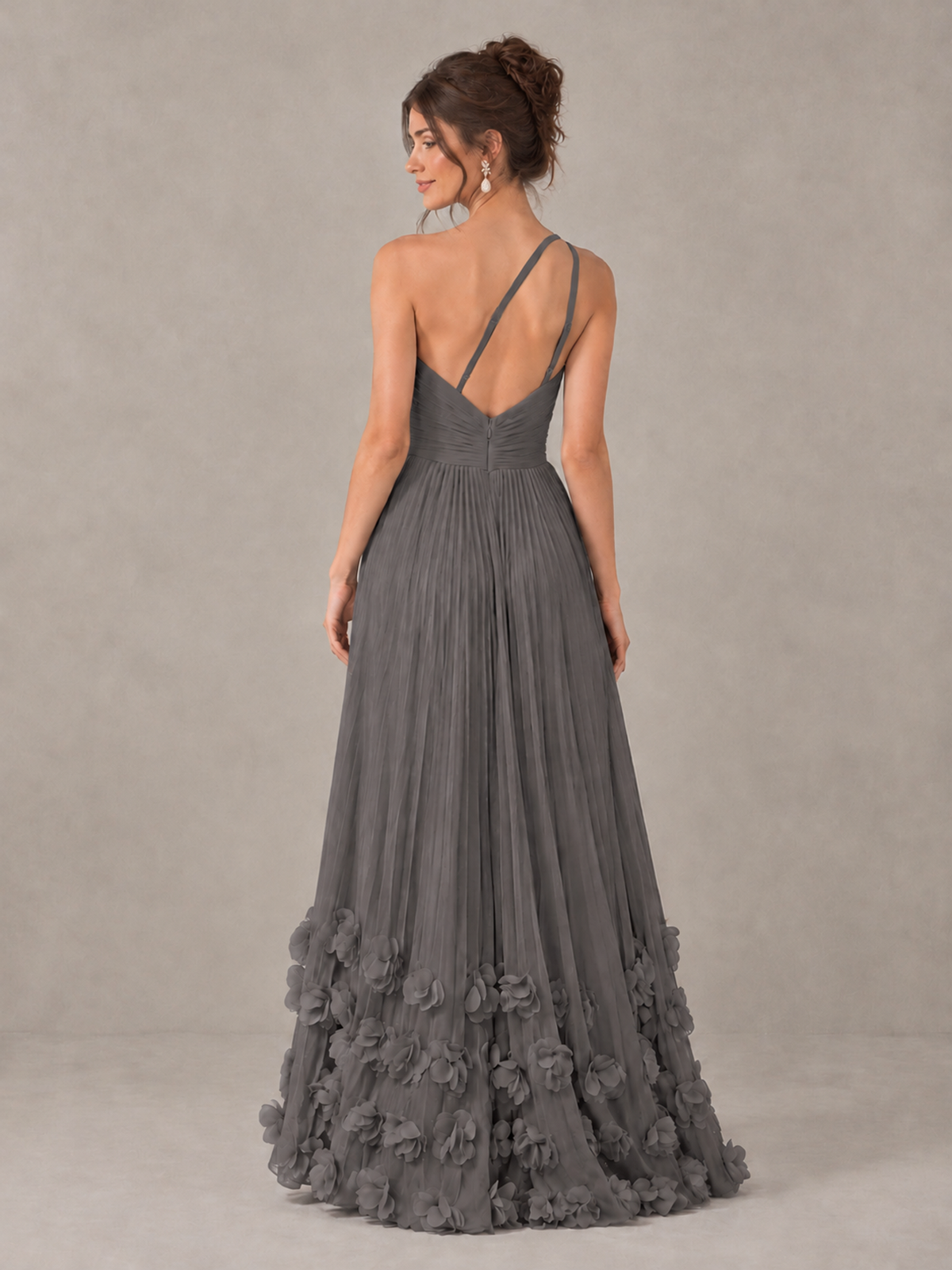 BOLODOO Grey One-Shoulder Pleated Bridesmaid Dress with 3D Floral Hem - Grey - Grey_2