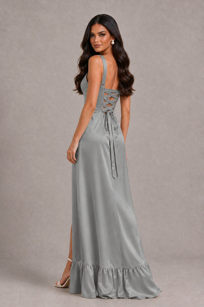 BOLODOO Grey Square Neck Satin Evening Dress with Lace-Up Back and High Slit - Grey - Grey_2