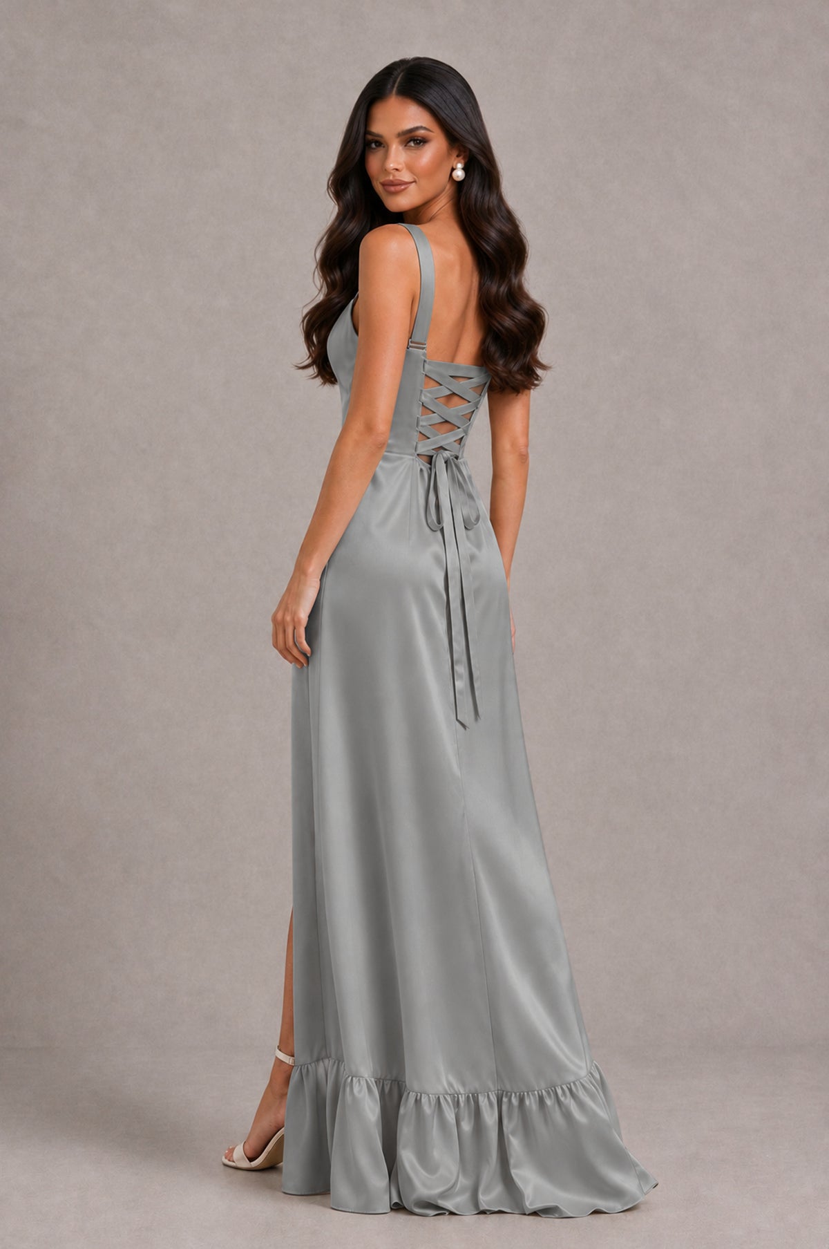 BOLODOO Grey Square Neck Satin Evening Dress with Lace-Up Back and High Slit - Grey - Grey_2