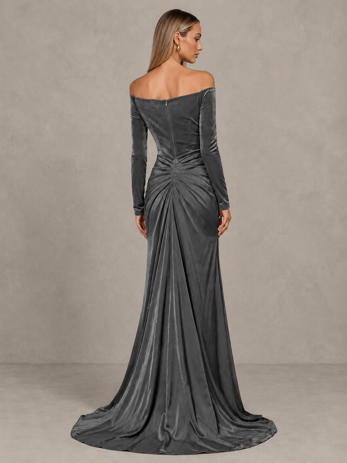 BOLODOO Grey Off-Shoulder Velvet Evening Gown with High Slit - Grey - Grey_2