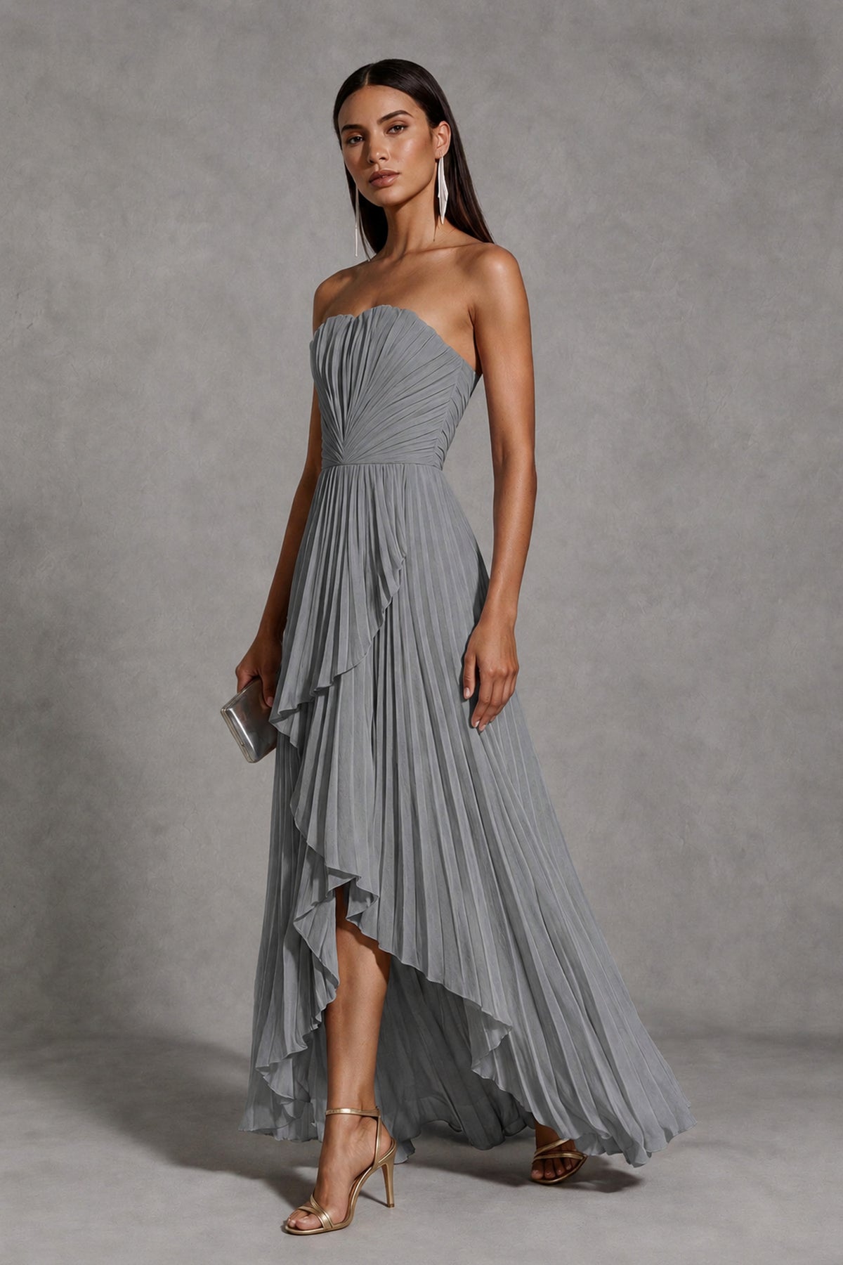 Grey Strapless Pleated High-Low Evening Gown with Ruffle Hem - Grey