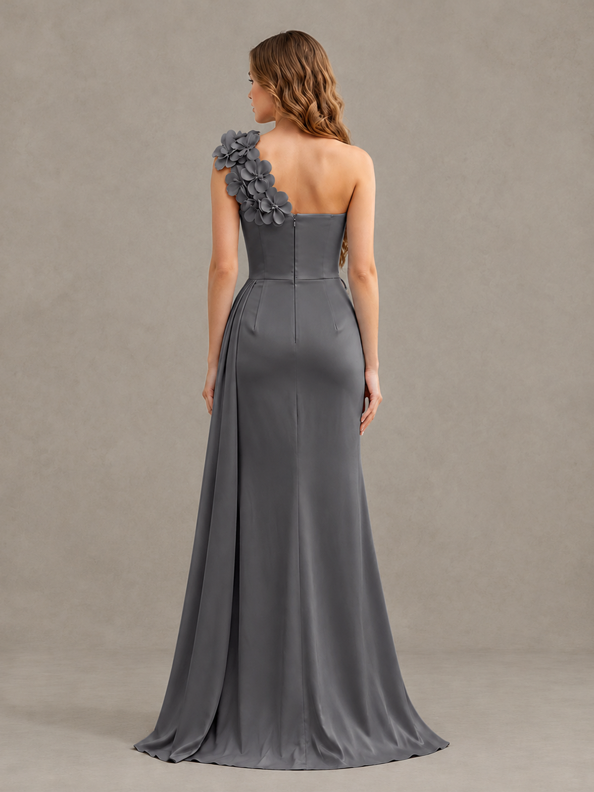 BOLODOO Grey One-Shoulder Satin Mermaid Evening Gown with 3D Floral Appliqué - Grey - Grey_2