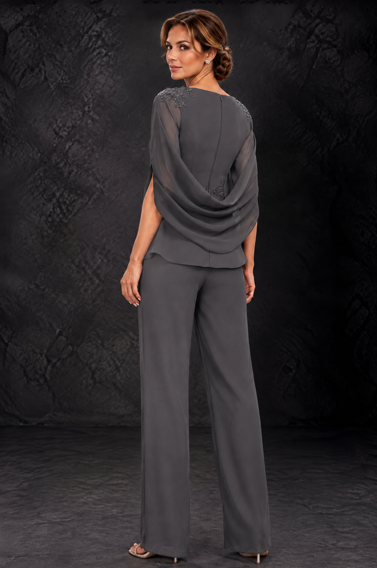 BOLODOO Grey Embellished Cape Sleeve Mother of the Bride Pantsuit - Grey - Grey_2
