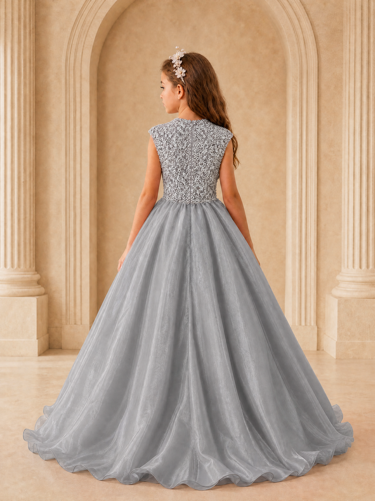BOLODOO Grey Sequin Tulle Flower Girl Dress with Cap Sleeves - Grey - Grey_2