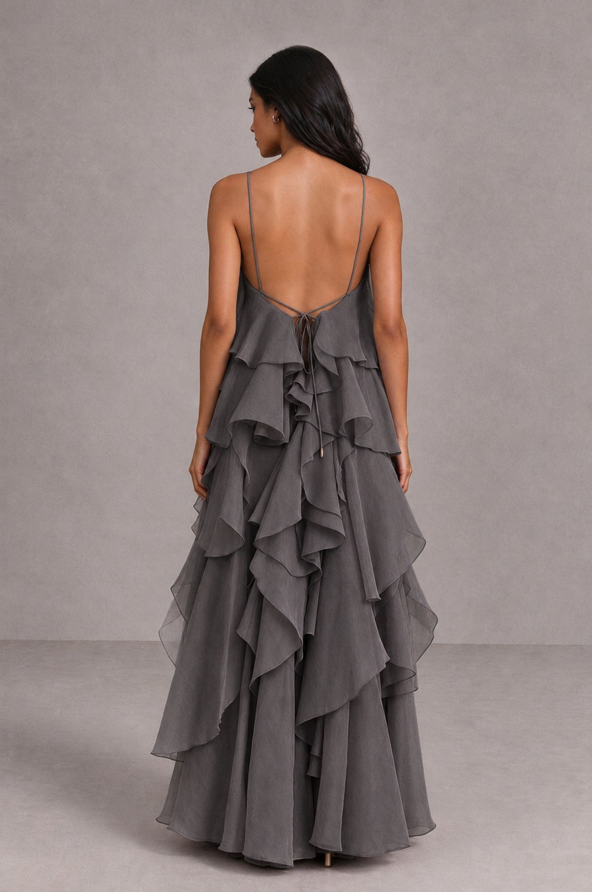 BOLODOO Grey Cascading Ruffle Rosette Open-Back Maxi Dress - Grey - Grey_2