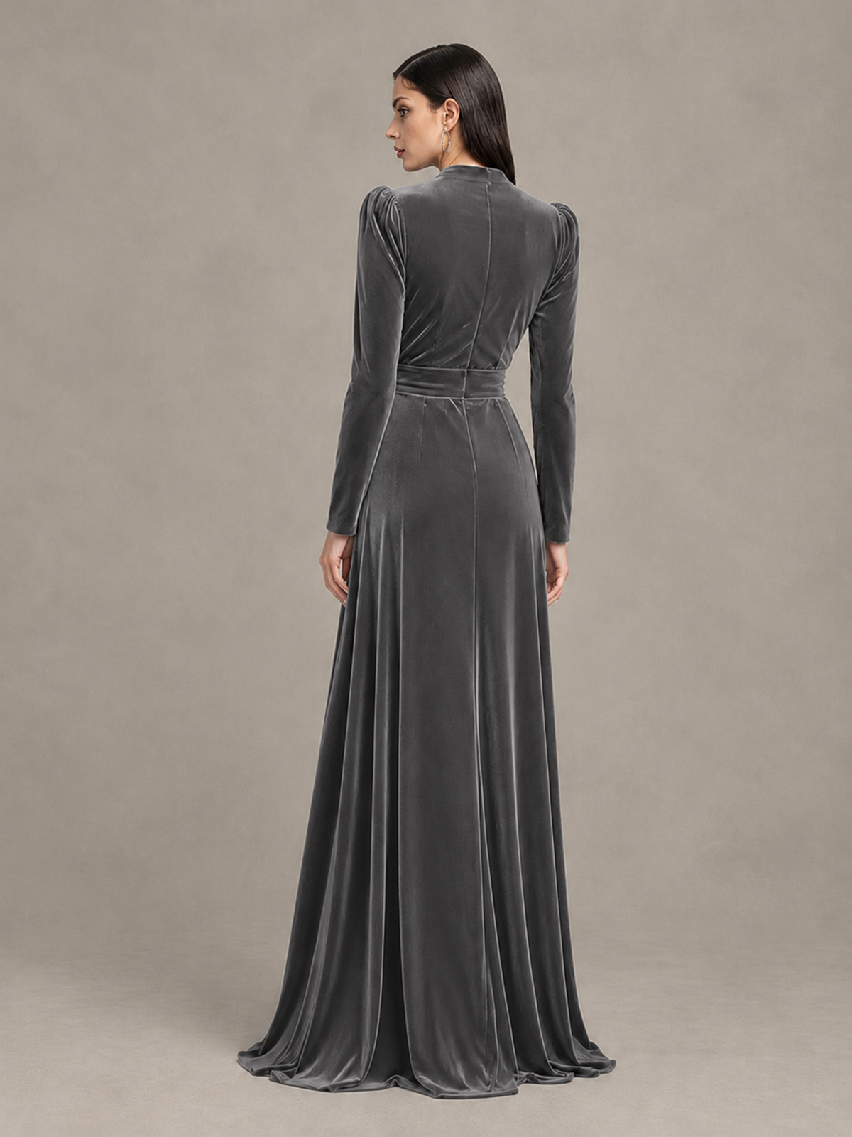 BOLODOO Grey Long Sleeve Velvet-Look Evening Dress with High Slit - Grey - Grey_2