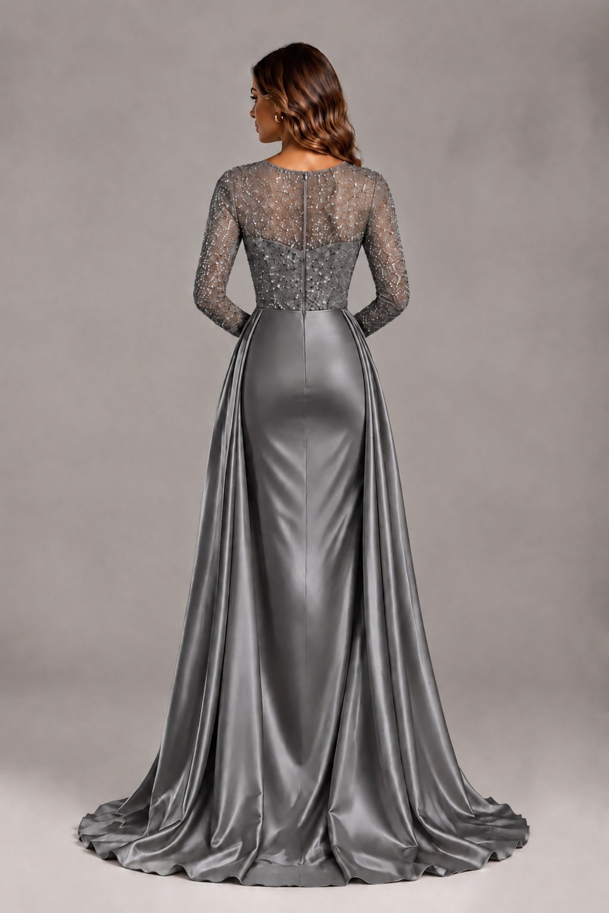 BOLODOO Grey Long Sleeve Embellished Satin Evening Gown with Sweep Train - Grey - Grey_2