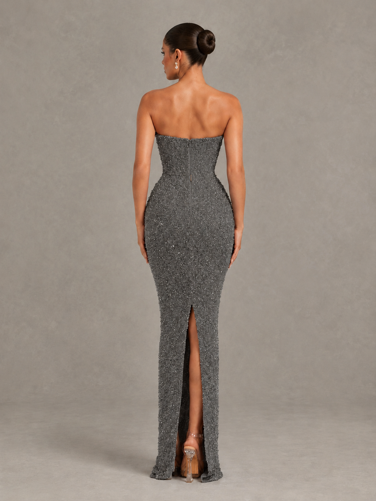 BOLODOO Grey Strapless Sequin Evening Gown with Floral Neckline - Grey - Grey_2