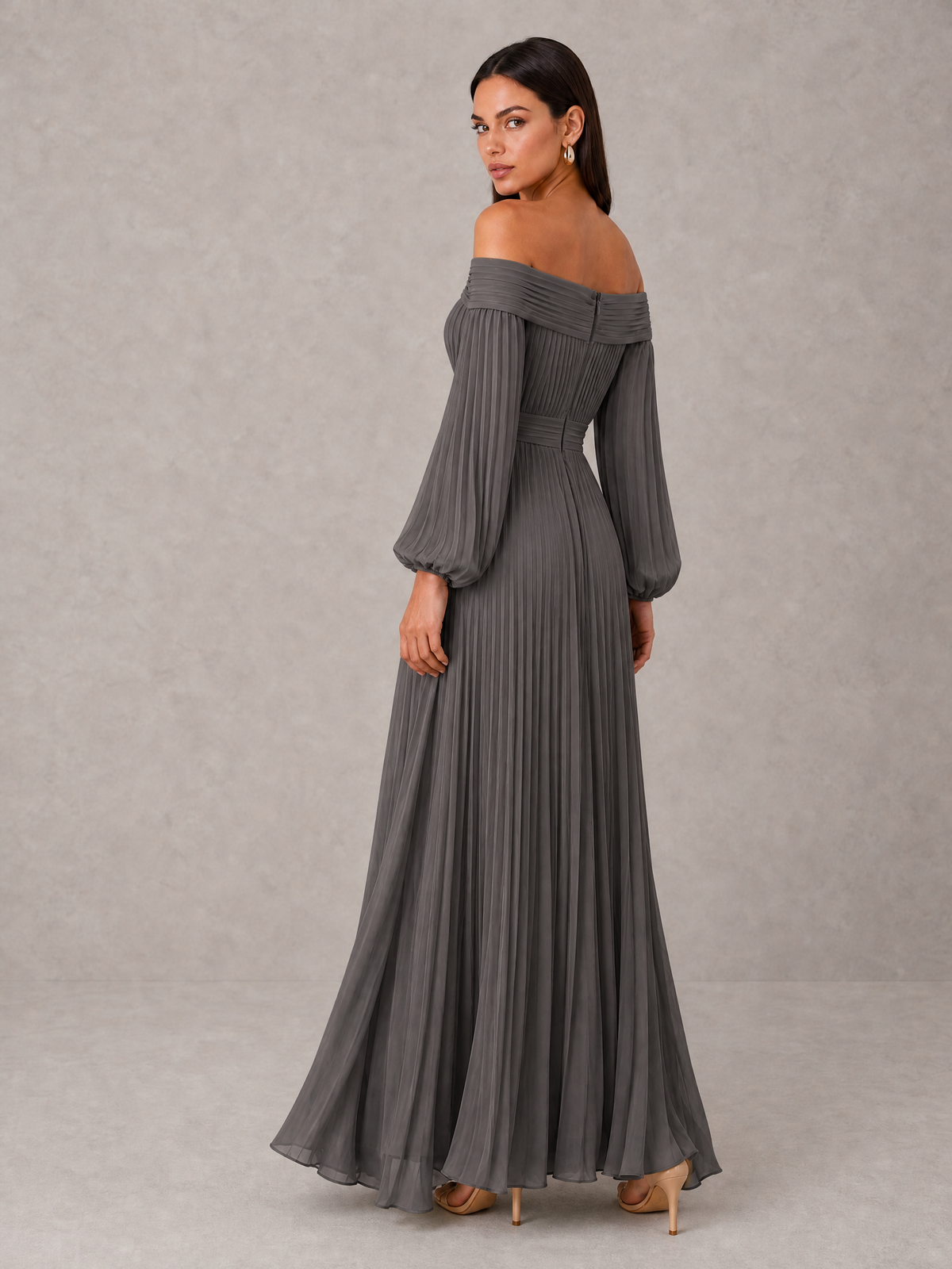 BOLODOO Grey Off-Shoulder Long Sleeve Pleated High-Low Dress - Grey - Grey_2