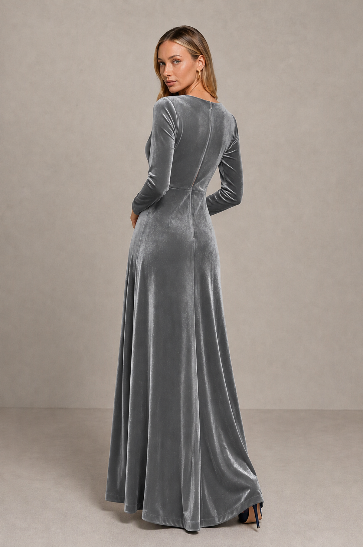 BOLODOO Grey Velvet Long Sleeve V-Neck Ruched Evening Dress - Grey - Grey_2