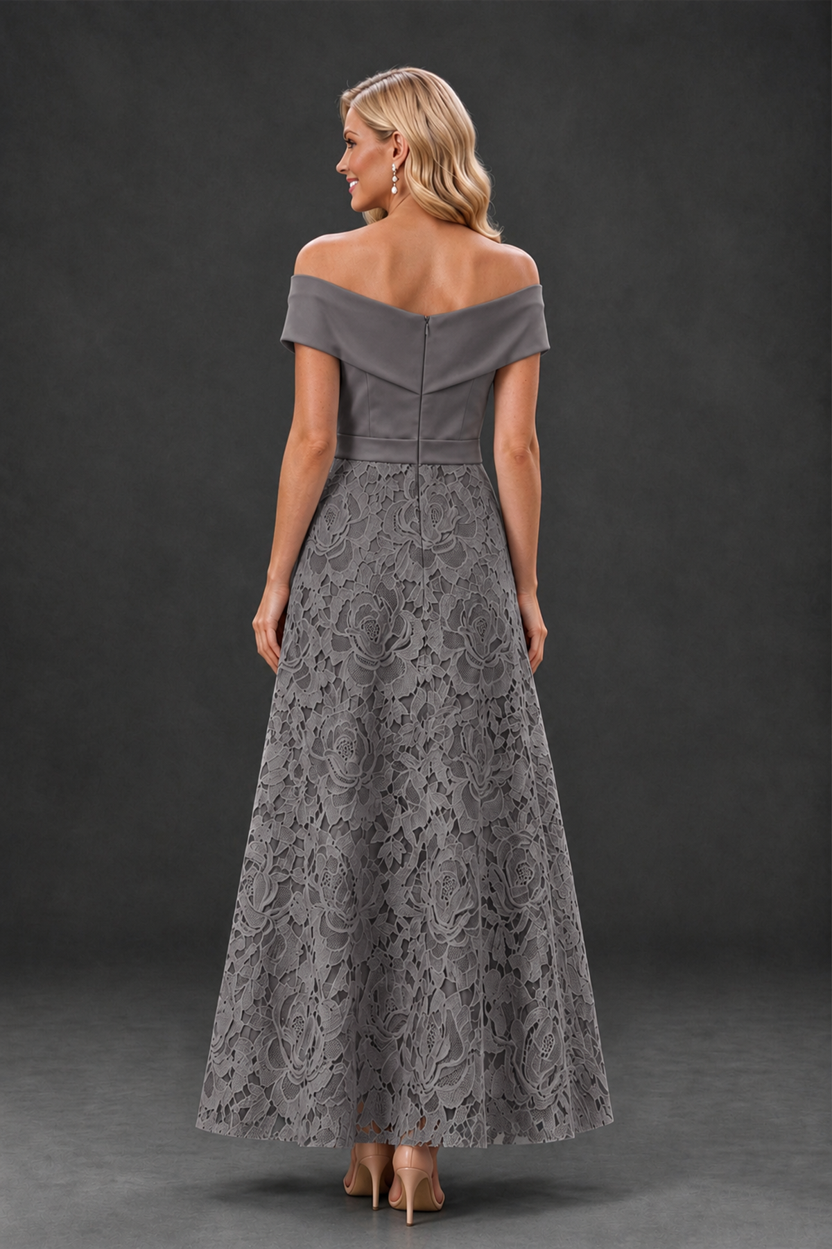 BOLODOO Grey Off-the-Shoulder Floral A-Line Mother of the Bride Dress - Grey - Grey_2