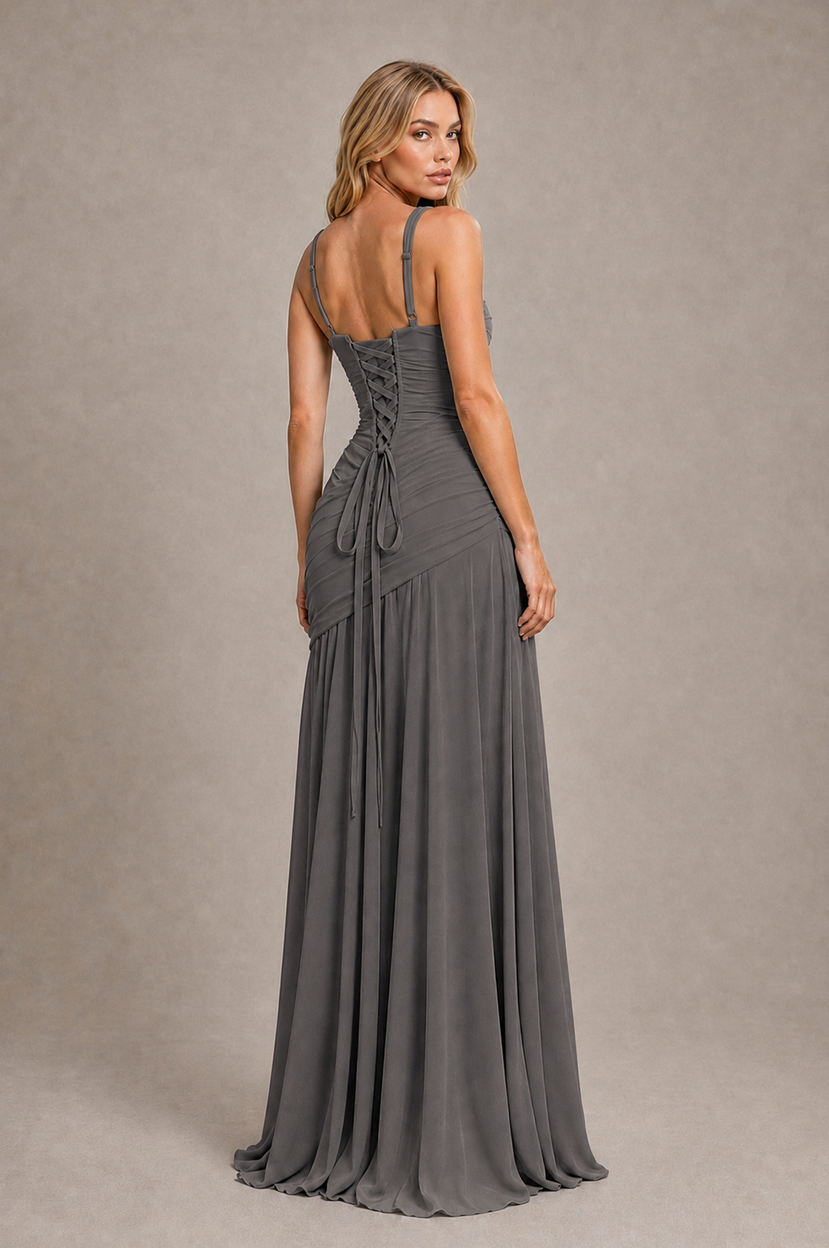 BOLODOO Grey Spaghetti Strap Ruched Maxi Dress – Formal Evening Gown with Slit - Grey - Grey_2