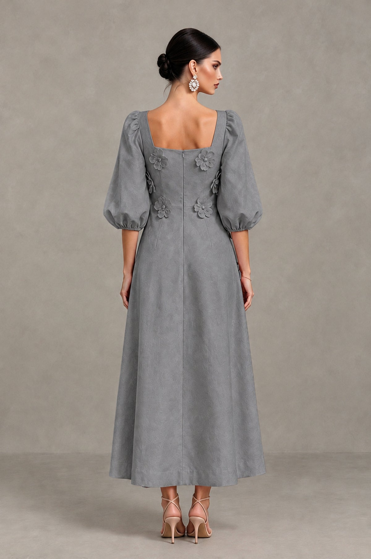 BOLODOO Grey 3D Floral Puff Sleeve Midi Cocktail Dress - Grey - Grey_2
