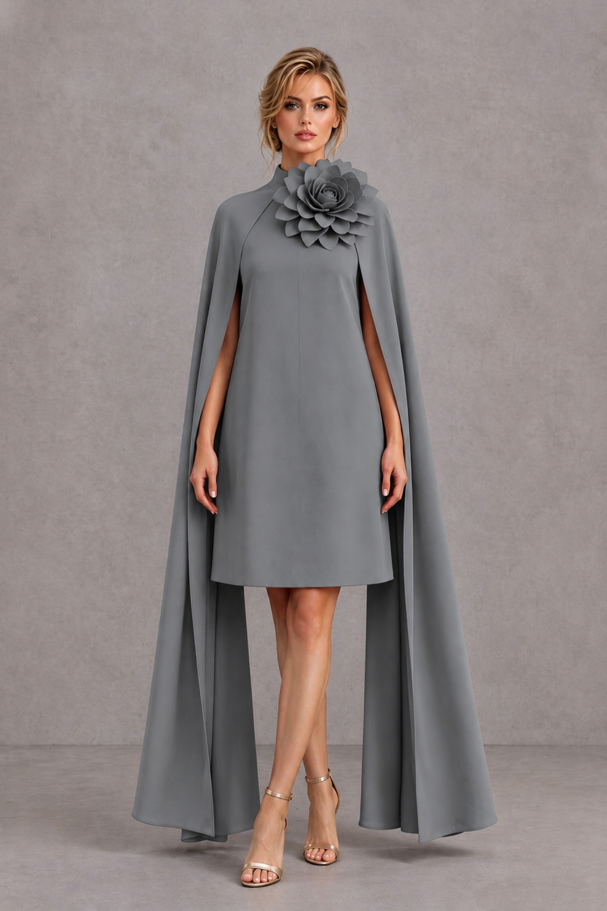 BOLODOO Grey High Neck Floral Cape Mini Cocktail Dress - Grey - Grey_2