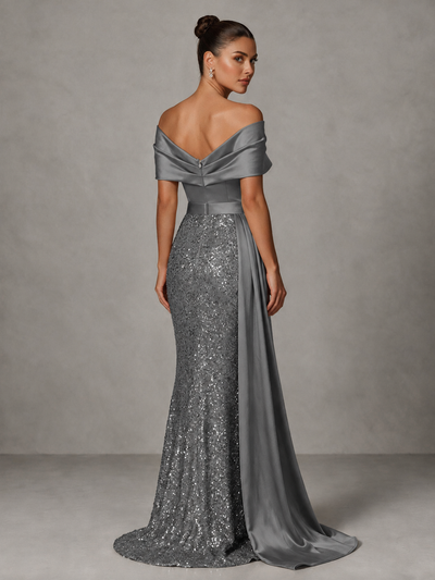BOLODOO Grey Sequin Mermaid Evening Dress with Off-Shoulder Satin Drape and Sweep Train - Grey - Grey_2