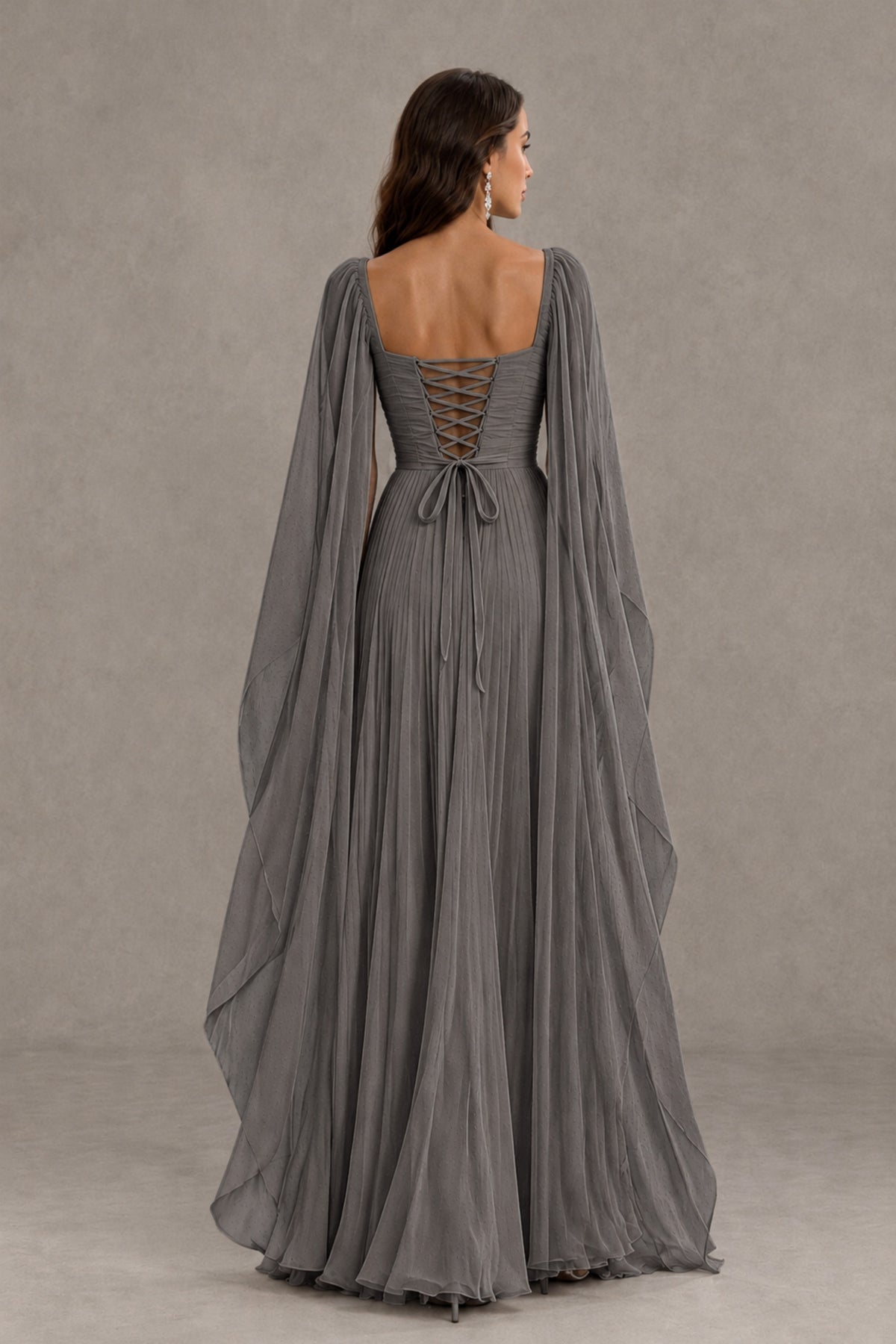 BOLODOO Grey Square Neck Cape Sleeve A-Line Evening Dress - Grey - Grey_2