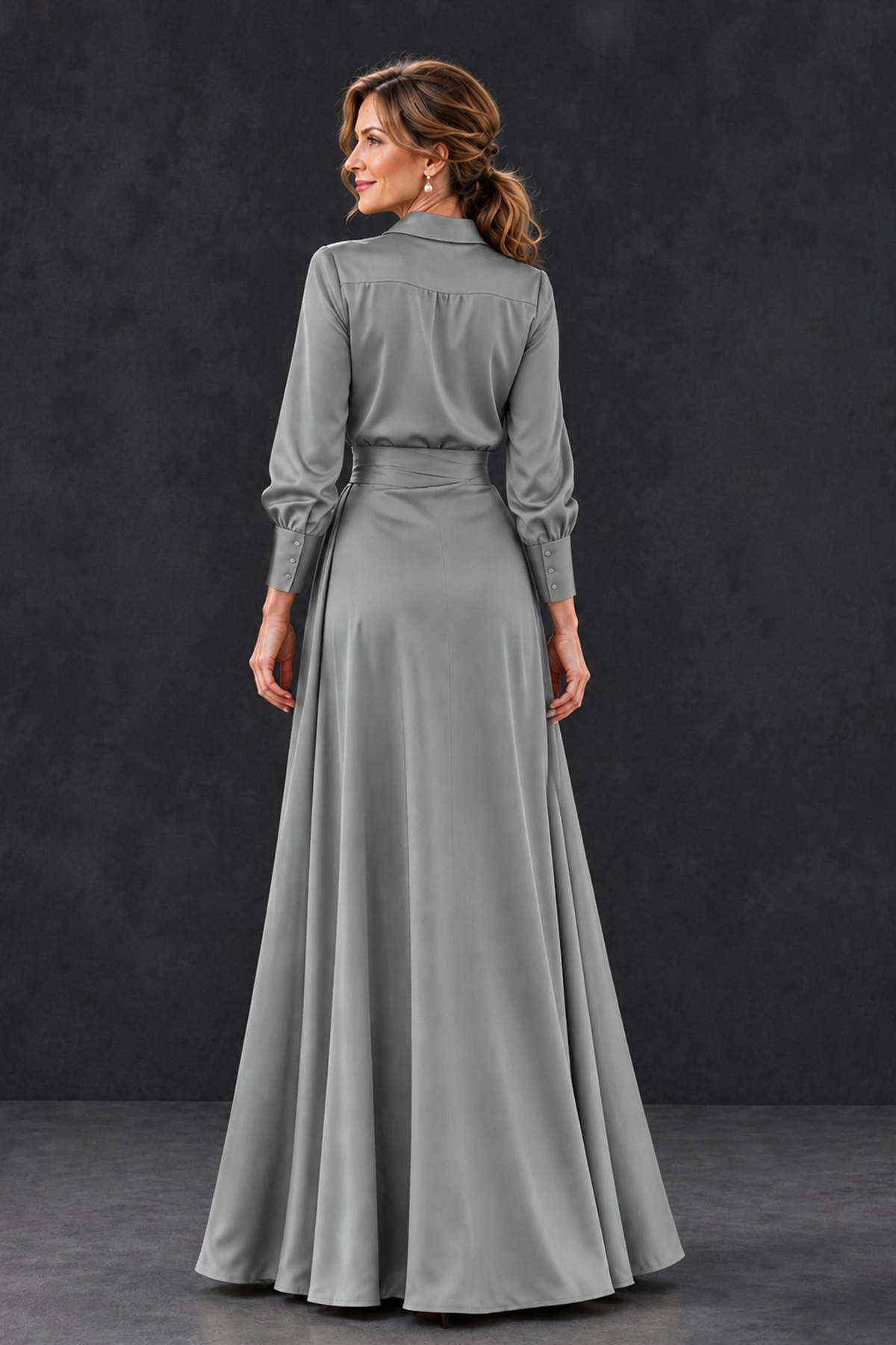 BOLODOO Grey Long Sleeve Satin-Look Lace Panel Gown - Grey - Grey_2