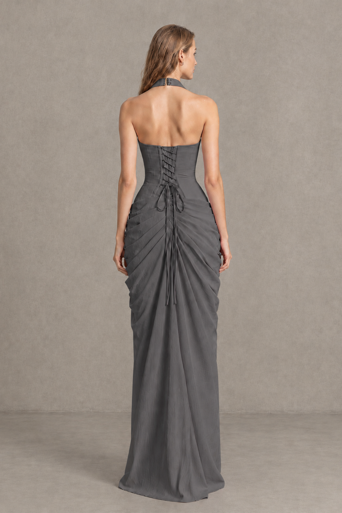 BOLODOO Grey Halter Neck Ruched Maxi Dress with High Slit - Grey - Grey_2