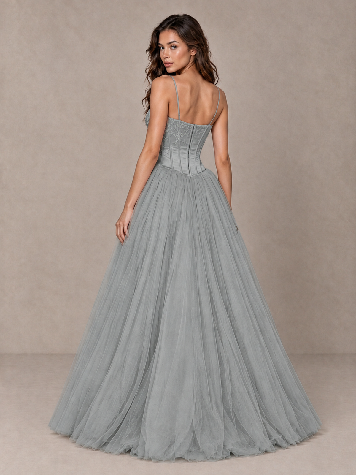BOLODOO Grey Corset Tulle Prom Dress with Spaghetti Straps - Grey - Grey_2