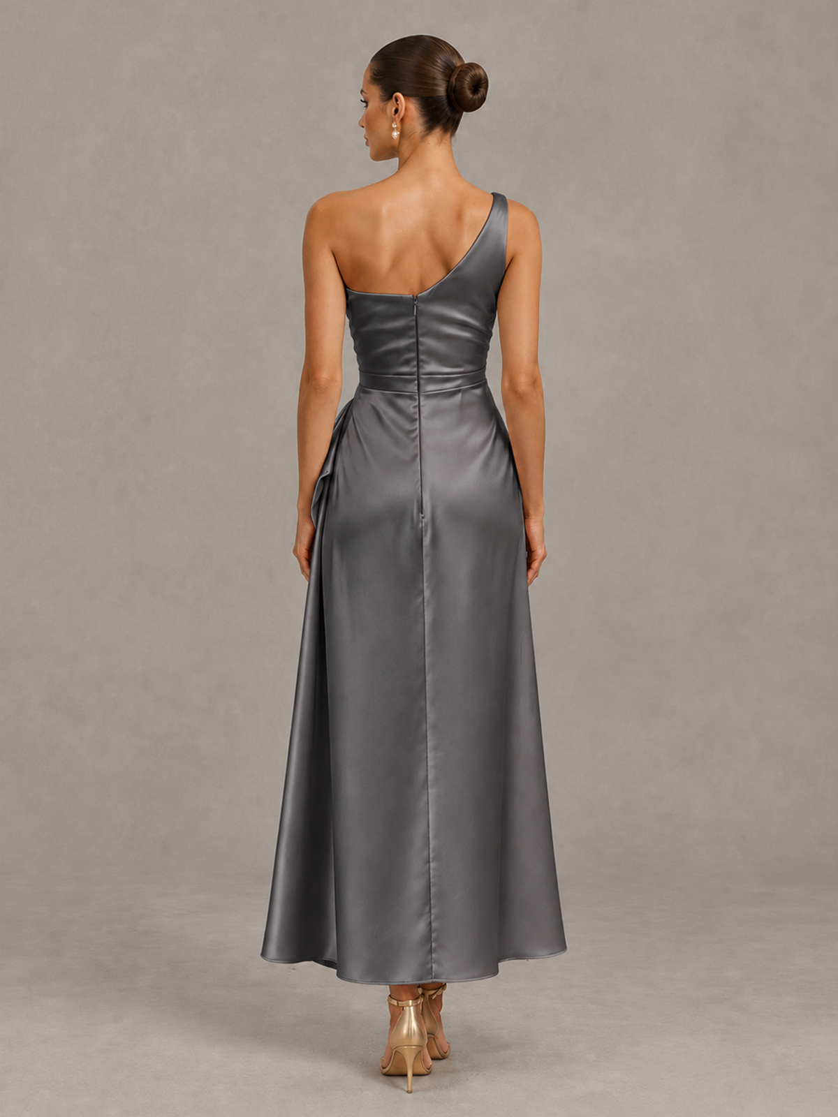 BOLODOO Grey One Shoulder Satin Cocktail Dress with Draped A-Line Skirt - Grey - Grey_2