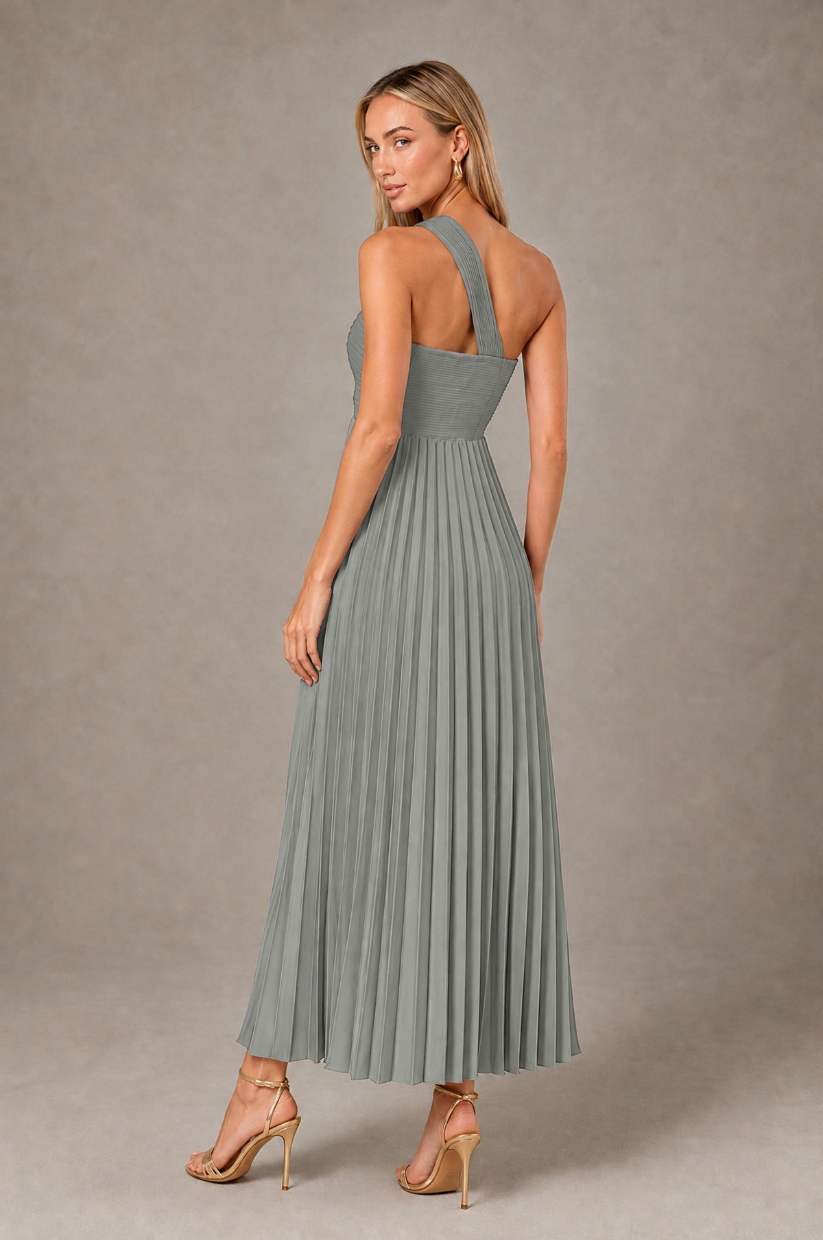 BOLODOO Grey One-Shoulder Twist Knot Pleated Satin Midi Dress with Cutout - Grey - Grey_2