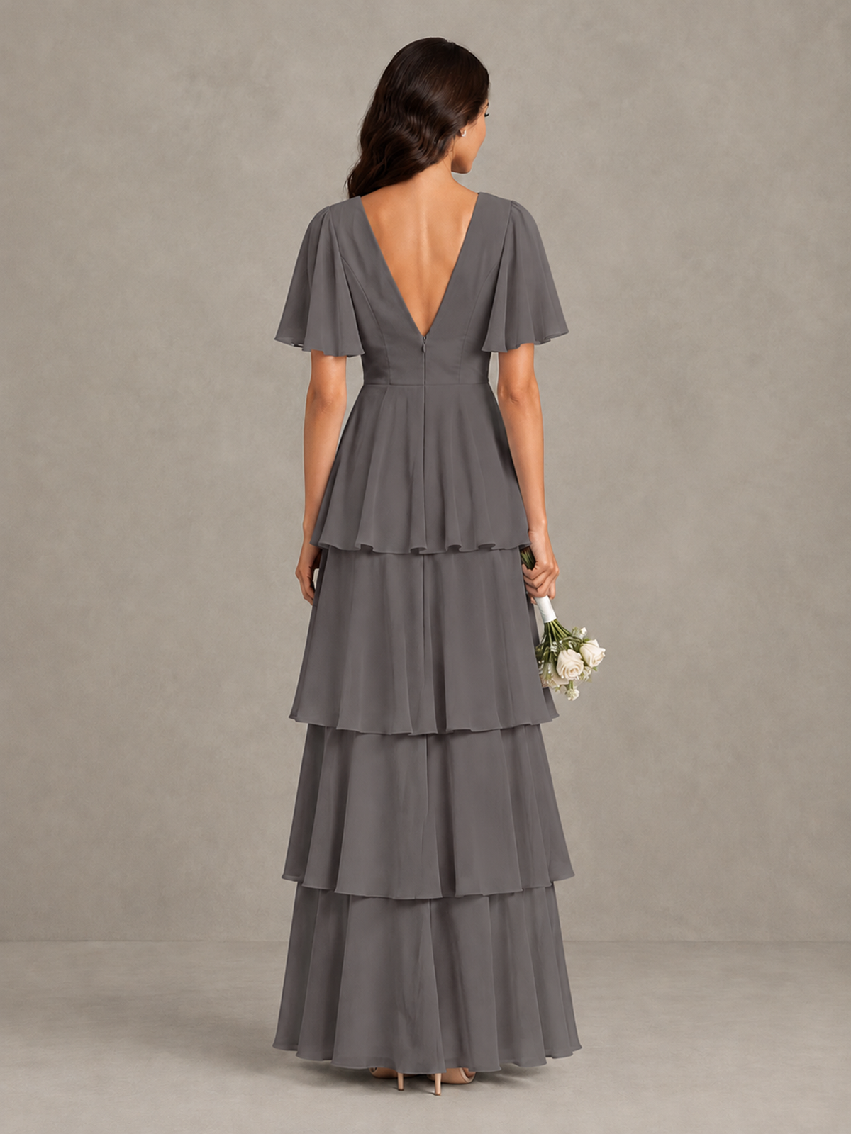 BOLODOO Grey Tiered Flutter Sleeve Bridesmaid Dress - Grey - Grey_2