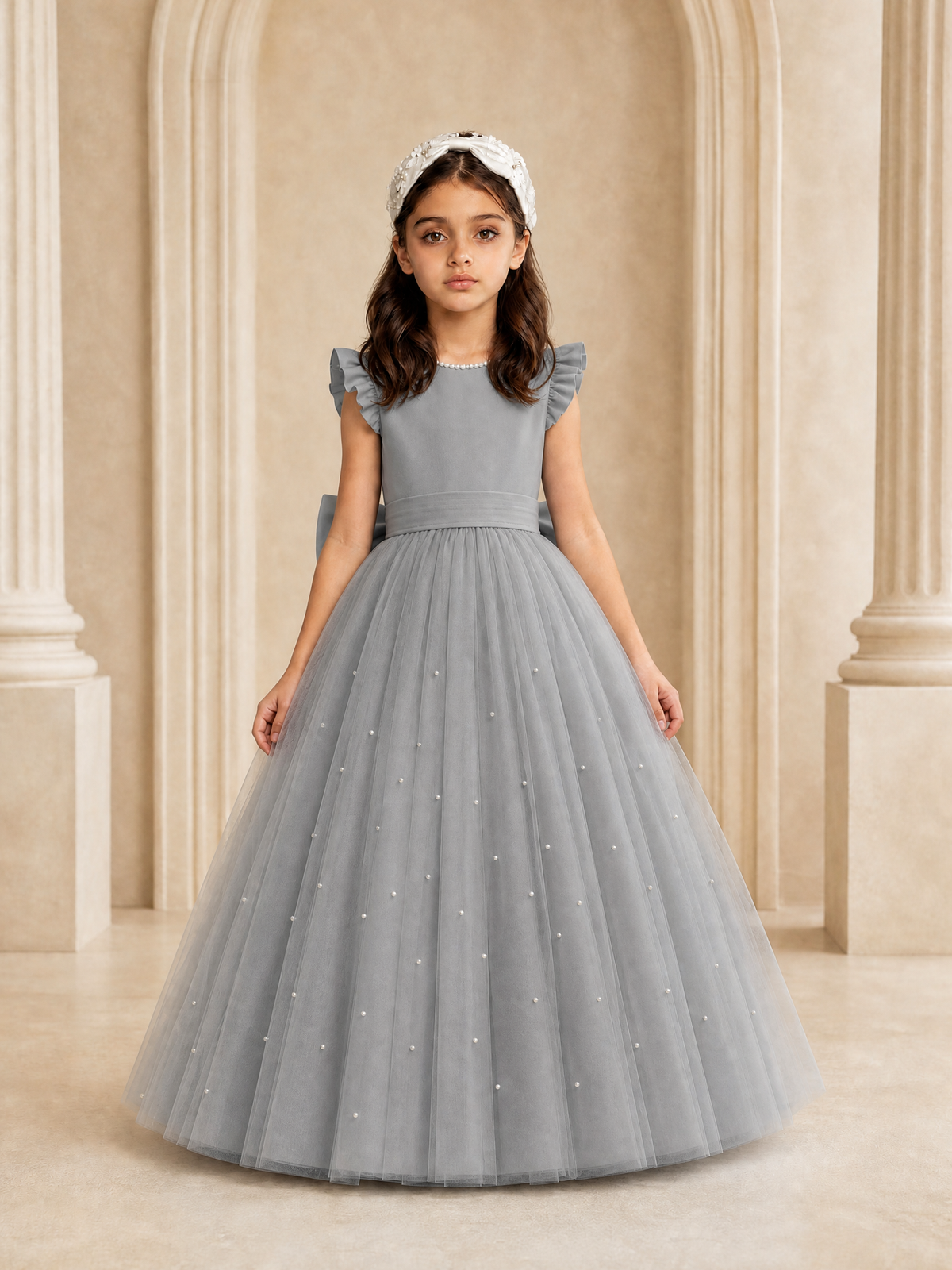 BOLODOO Grey Tulle Flower Girl Dress with Ruffle Sleeves & Bow Back - Grey - Grey_2