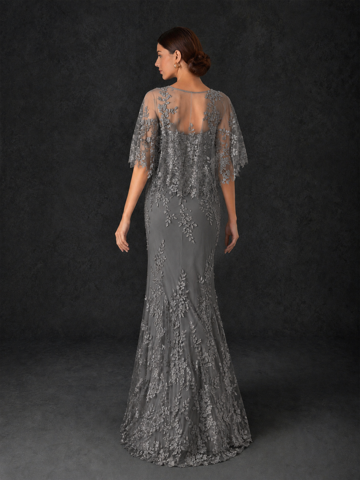 BOLODOO Mocha Grey Botanical Lace Flutter Sleeve Mermaid Gown - Grey
