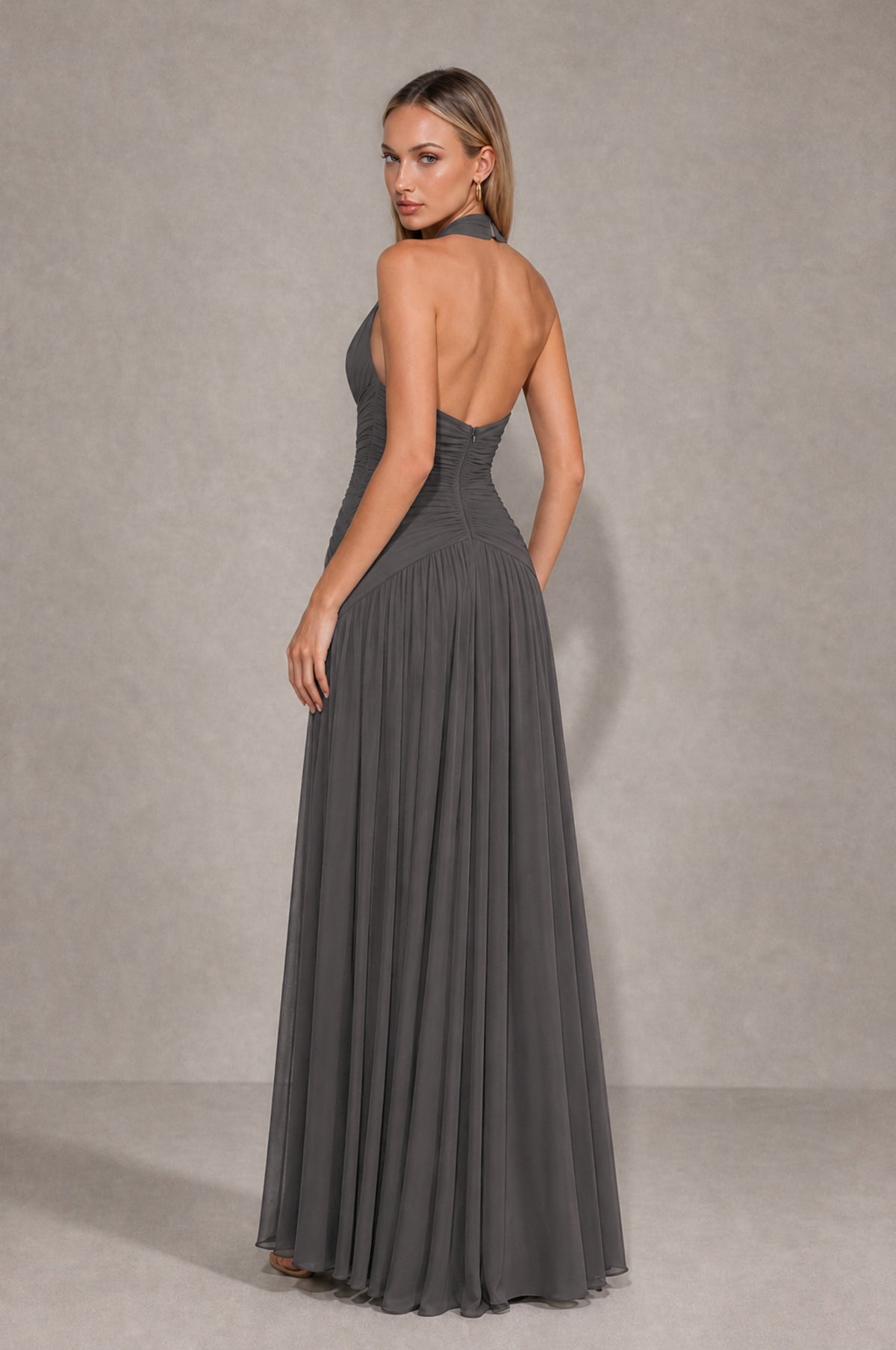 BOLODOO Grey Chiffon Halter Deep V-Neck Ruched A-Line Backless Maxi Dress with Train-BD0167 - Grey - Grey_2