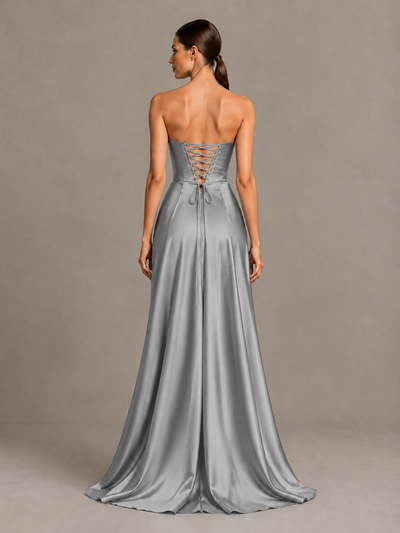 BOLODOO Grey Strapless Satin High-Slit Lace-Up Prom Dress - Grey - Grey_2