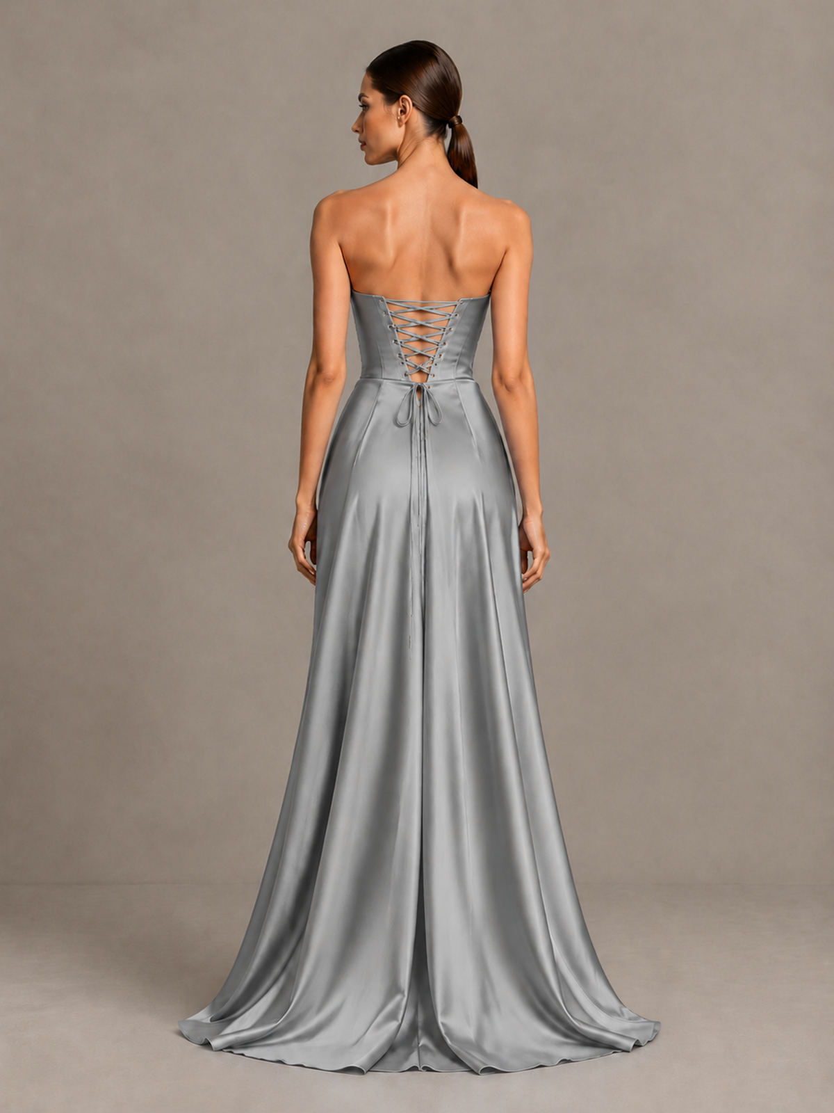 BOLODOO Grey Strapless Satin High-Slit Lace-Up Prom Dress - Grey - Grey_2