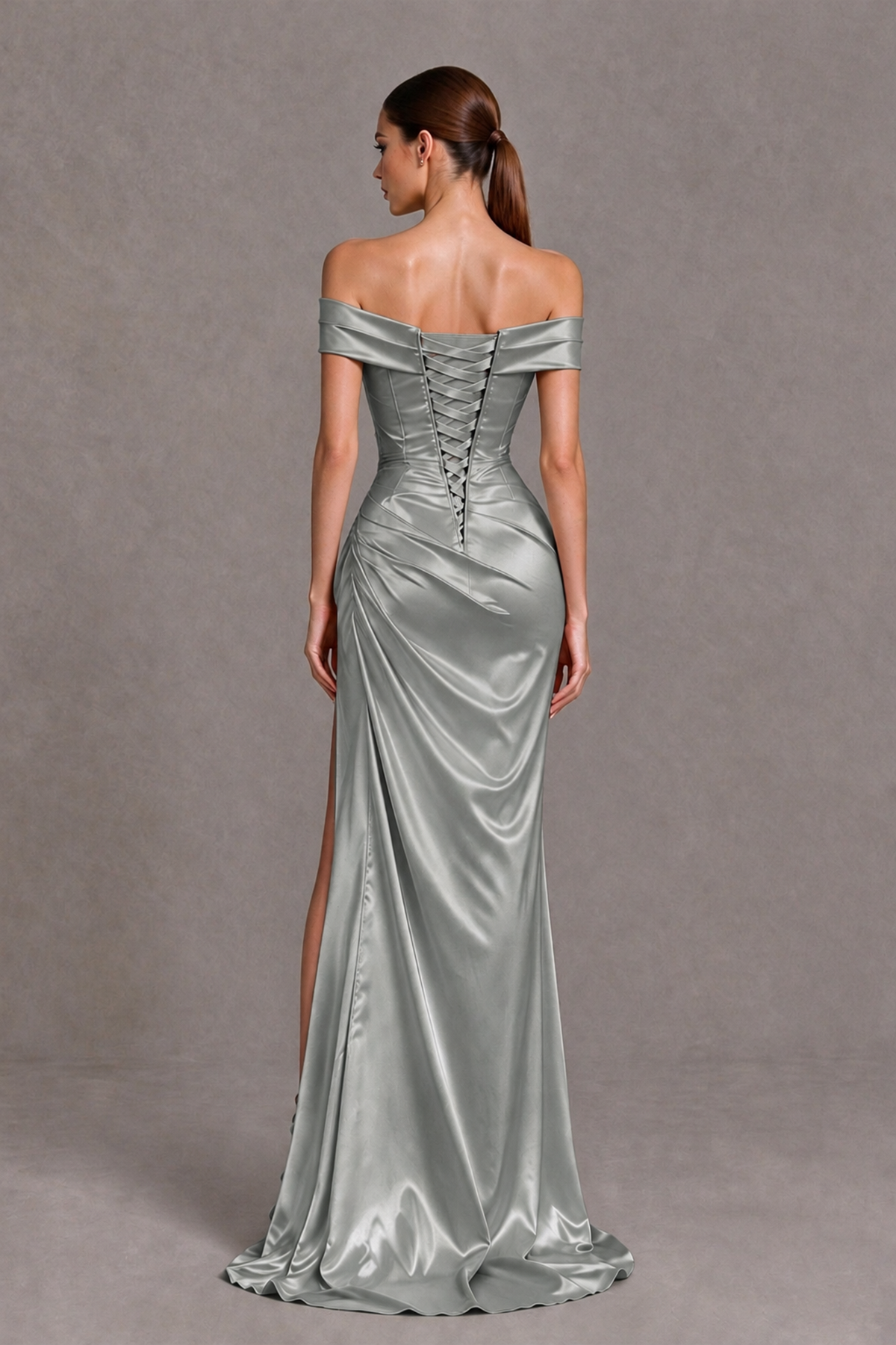 BOLODOO Grey Off-the-Shoulder Ruched Satin Prom & Evening Dress with High Slit - Grey - Grey_2