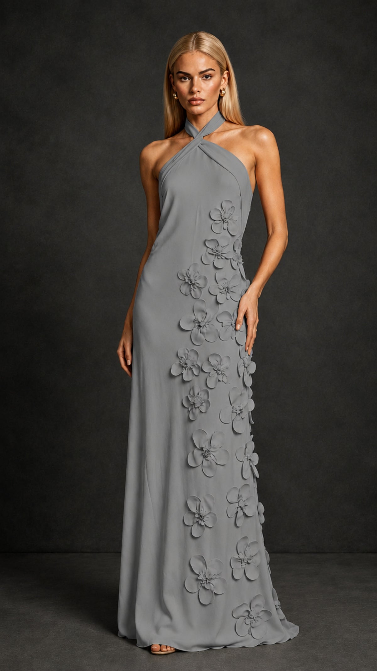 BOLODOO Grey Cross Halter Neck 3D Floral Appliqué Backless Mermaid Maxi Gown - Grey