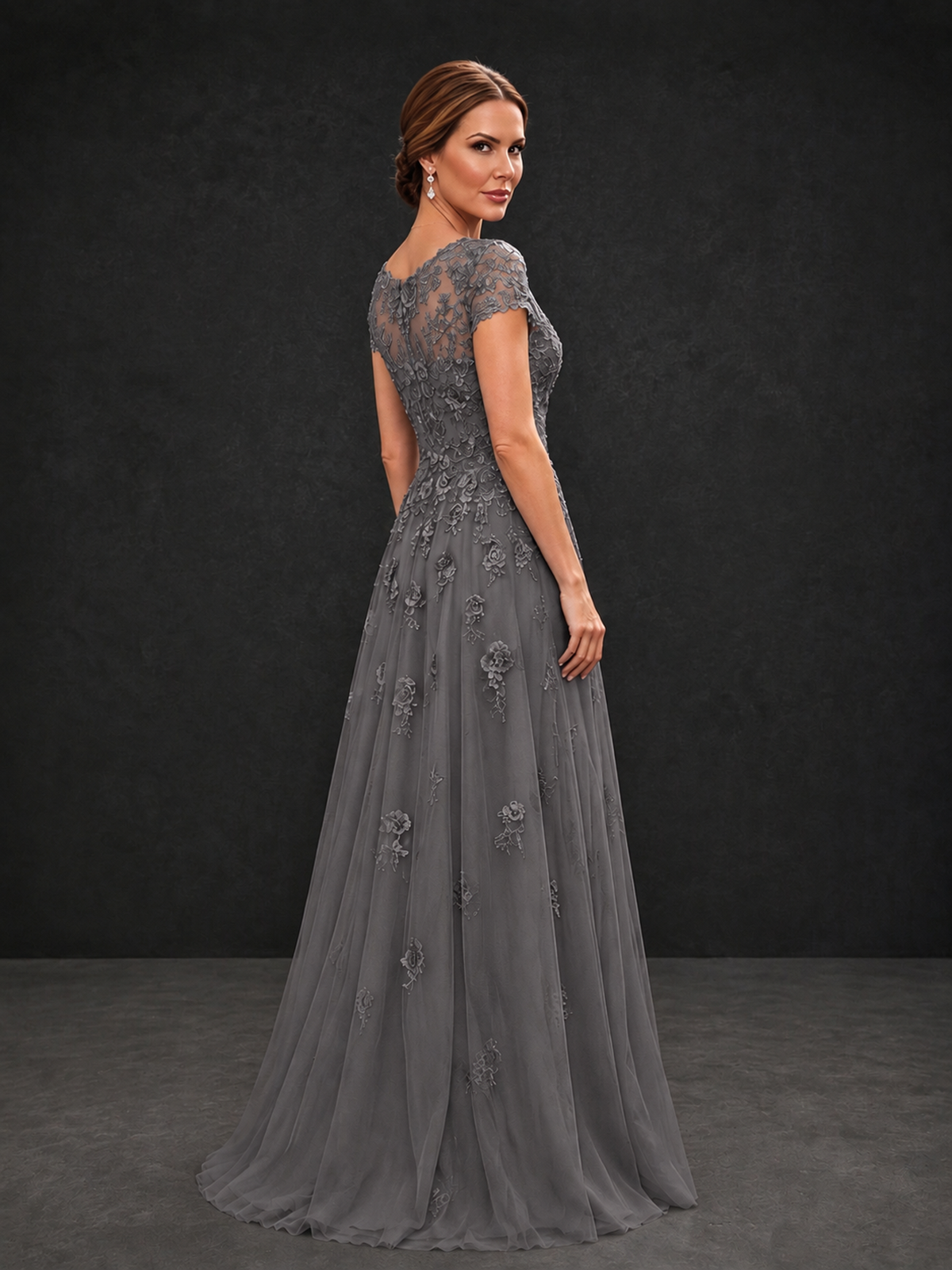 BOLODOO Grey Cap Sleeve Lace Appliqué A-Line Formal Gown | Mother of the Bride Dress - Grey - Grey_2