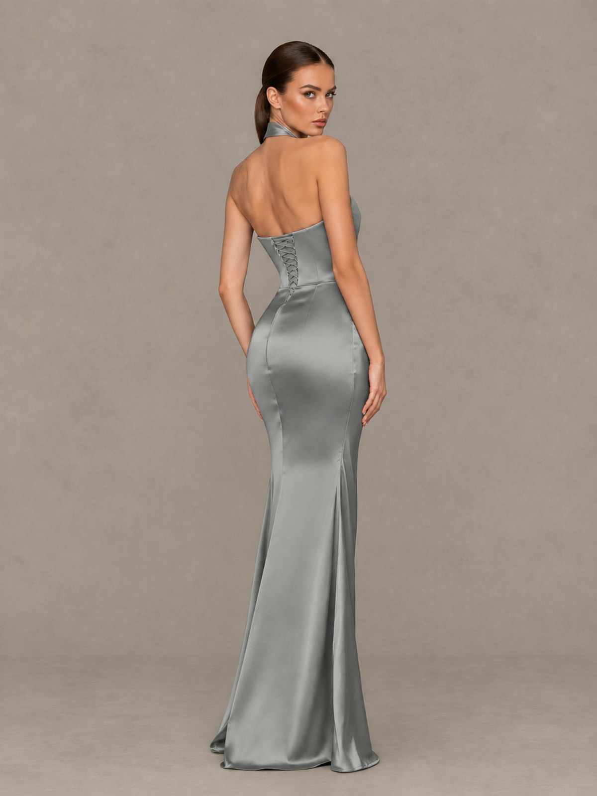 BOLODOO Grey Cross-Halter Ruched Satin-Look Evening Gown with High Slit - Grey - Grey_2