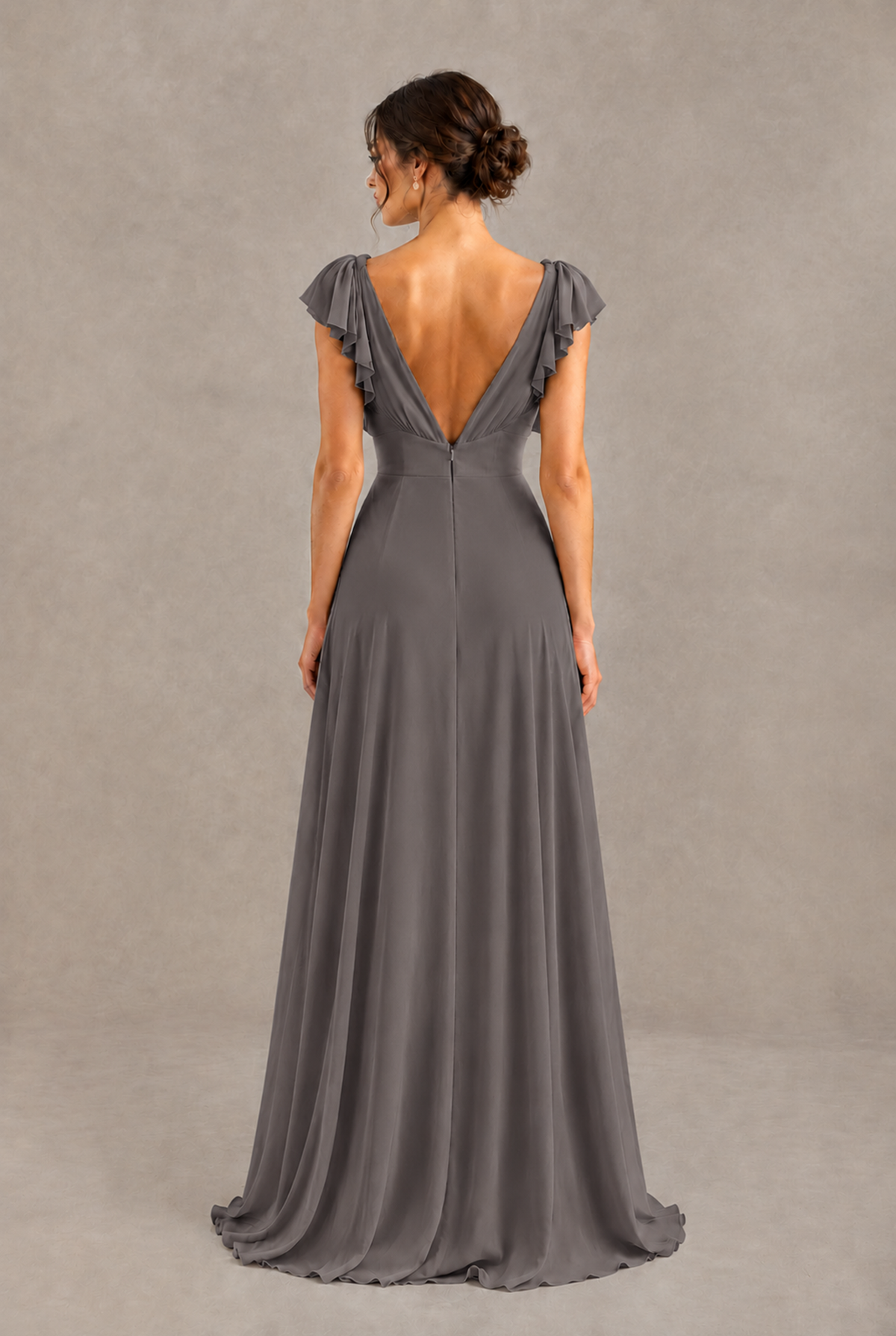 BOLODOO Grey V-Neck Flutter Sleeve A-Line Bridesmaid Dress - Grey - Grey_2