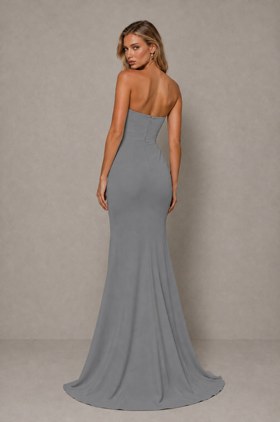 BOLODOO Grey Strapless Sweetheart Ruched Mermaid Gown | Cascade Drape Formal Evening Dress - Grey - Grey_2